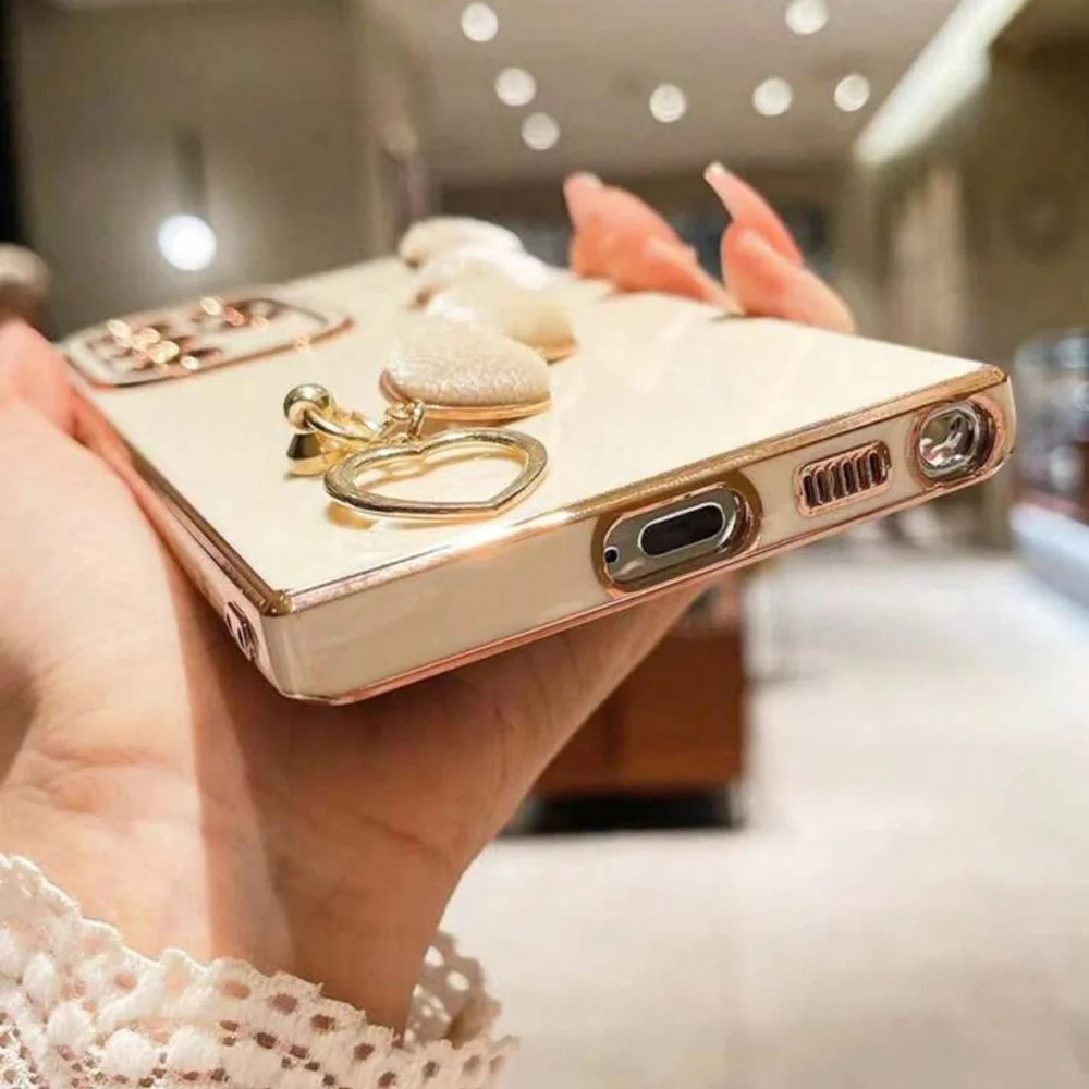 iPhone 15Pro 1pc Solid Color Plush Heart Shaped Bracelet & Phone Case